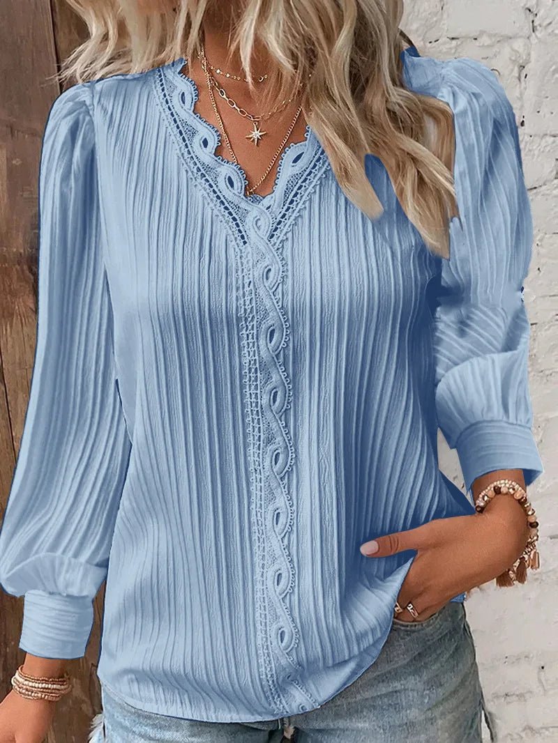 Elegant Women's Long Sleeve Shirts 2025 Autumn V-neck Lace Patchwork Shirt Women Tops Blusas Mujer Блузки Blusen Damen - flohmarkt-deutschland.shop
