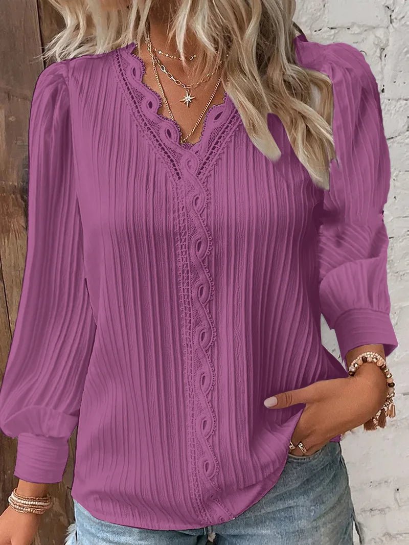 Elegant Women's Long Sleeve Shirts 2025 Autumn V-neck Lace Patchwork Shirt Women Tops Blusas Mujer Блузки Blusen Damen - flohmarkt-deutschland.shop