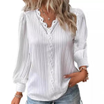 Elegant Women's Long Sleeve Shirts 2025 Autumn V-neck Lace Patchwork Shirt Women Tops Blusas Mujer Блузки Blusen Damen - flohmarkt-deutschland.shop
