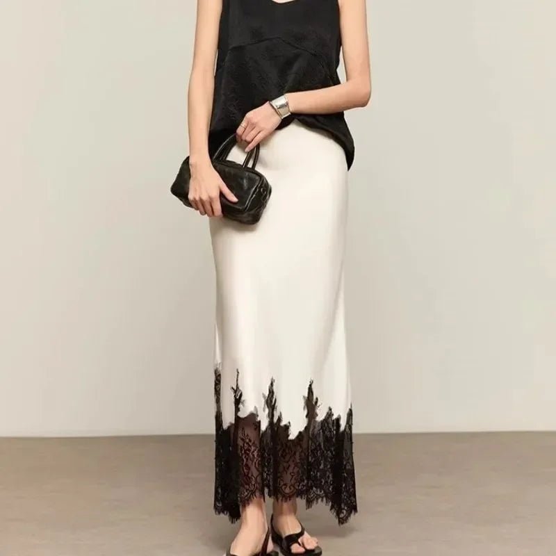 Elegante Spitze-Trim Satin Midi Rock Frauen Sommer Hohe Taille Eingewickelt Hüfte Dünne Lange Röcke Fee Mode Büro Frauen kleidung Neue - flohmarkt-deutschland.shop
