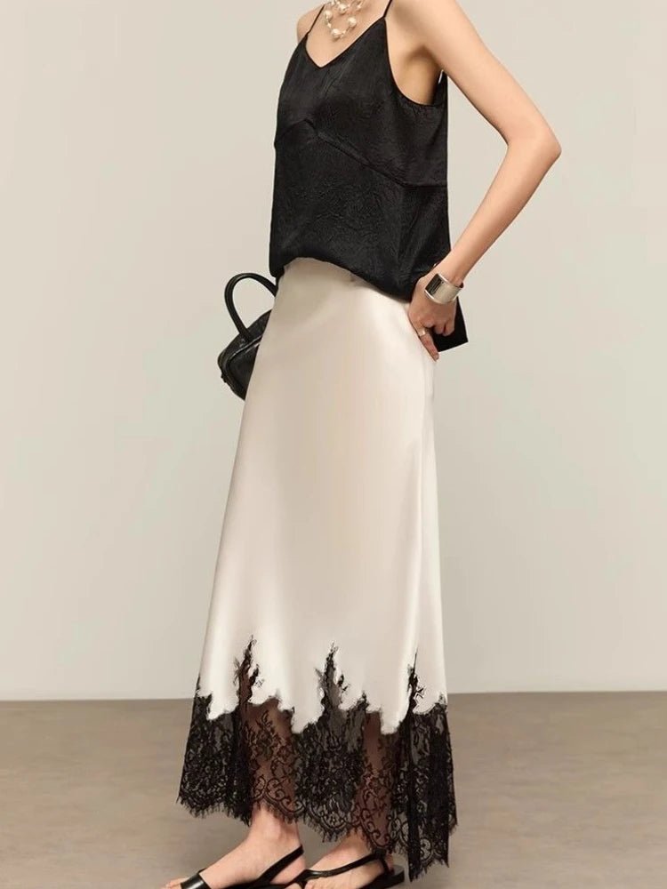 Elegante Spitze-Trim Satin Midi Rock Frauen Sommer Hohe Taille Eingewickelt Hüfte Dünne Lange Röcke Fee Mode Büro Frauen kleidung Neue - flohmarkt-deutschland.shop