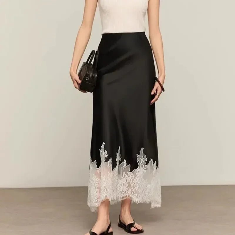 Elegante Spitze-Trim Satin Midi Rock Frauen Sommer Hohe Taille Eingewickelt Hüfte Dünne Lange Röcke Fee Mode Büro Frauen kleidung Neue - flohmarkt-deutschland.shop
