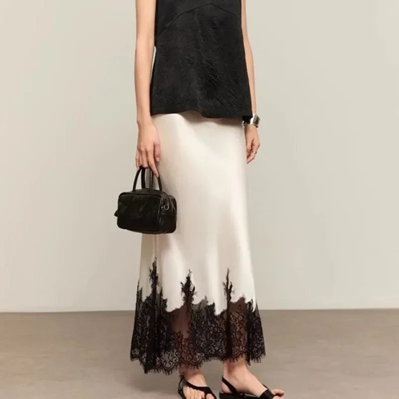 Elegante Spitze-Trim Satin Midi Rock Frauen Sommer Hohe Taille Eingewickelt Hüfte Dünne Lange Röcke Fee Mode Büro Frauen kleidung Neue - flohmarkt-deutschland.shop