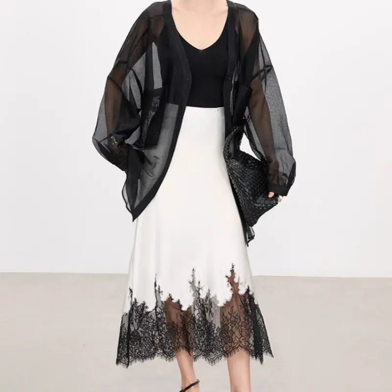 Elegante Spitze-Trim Satin Midi Rock Frauen Sommer Hohe Taille Eingewickelt Hüfte Dünne Lange Röcke Fee Mode Büro Frauen kleidung Neue - flohmarkt-deutschland.shop