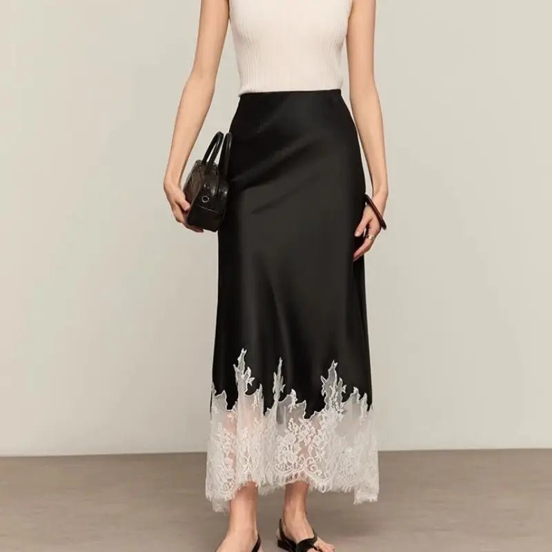 Elegante Spitze-Trim Satin Midi Rock Frauen Sommer Hohe Taille Eingewickelt Hüfte Dünne Lange Röcke Fee Mode Büro Frauen kleidung Neue - flohmarkt-deutschland.shop