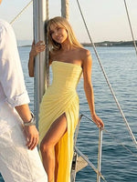 Elegantes Gelbes Trägerloses Plissiertes Kleid für Damen, Schickes Ärmelloses Tailliertes Maxikleid mit Schlitz, 2026 Damen-Abendkleider für Partys - flohmarkt-deutschland.shop