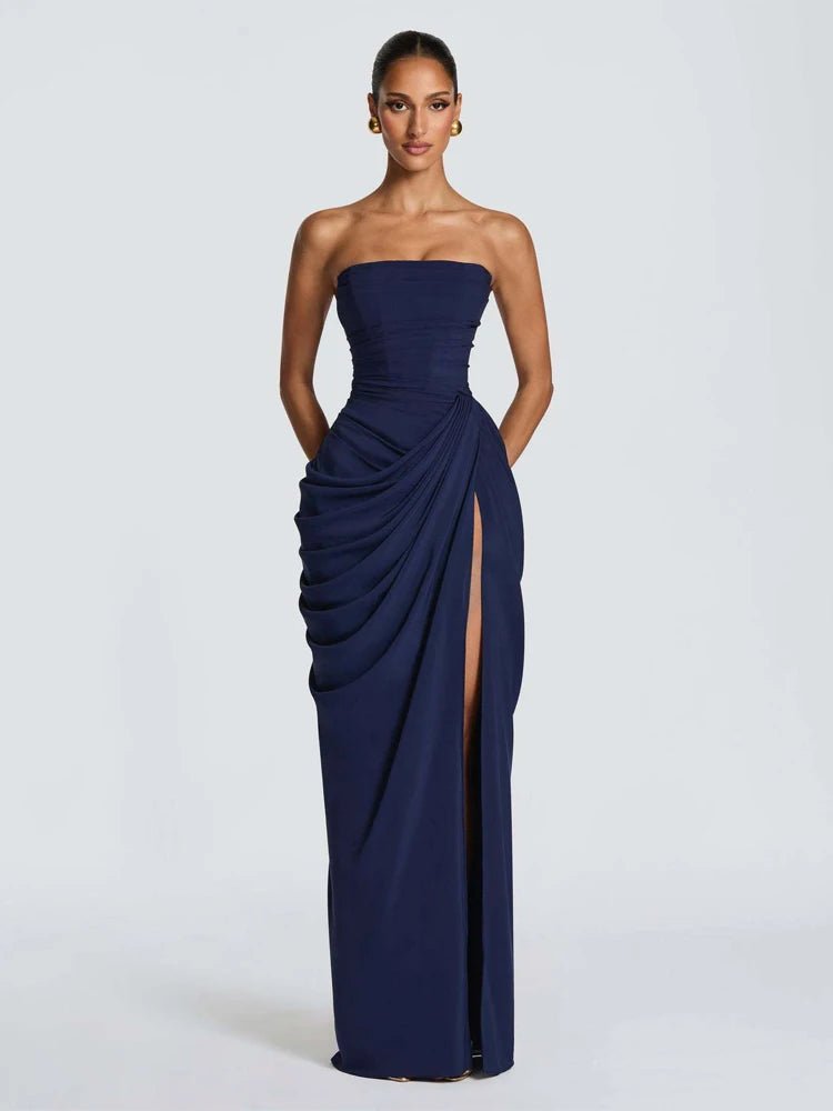 Elegantes Gelbes Trägerloses Plissiertes Kleid für Damen, Schickes Ärmelloses Tailliertes Maxikleid mit Schlitz, 2026 Damen-Abendkleider für Partys - flohmarkt-deutschland.shop