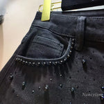 European 2025 Hollow Lace Jeans Women Summer New Black Lace Denim Pants Heavy Industry Beads Hot Diamond Denim Splicing Crochet - flohmarkt-deutschland.shop