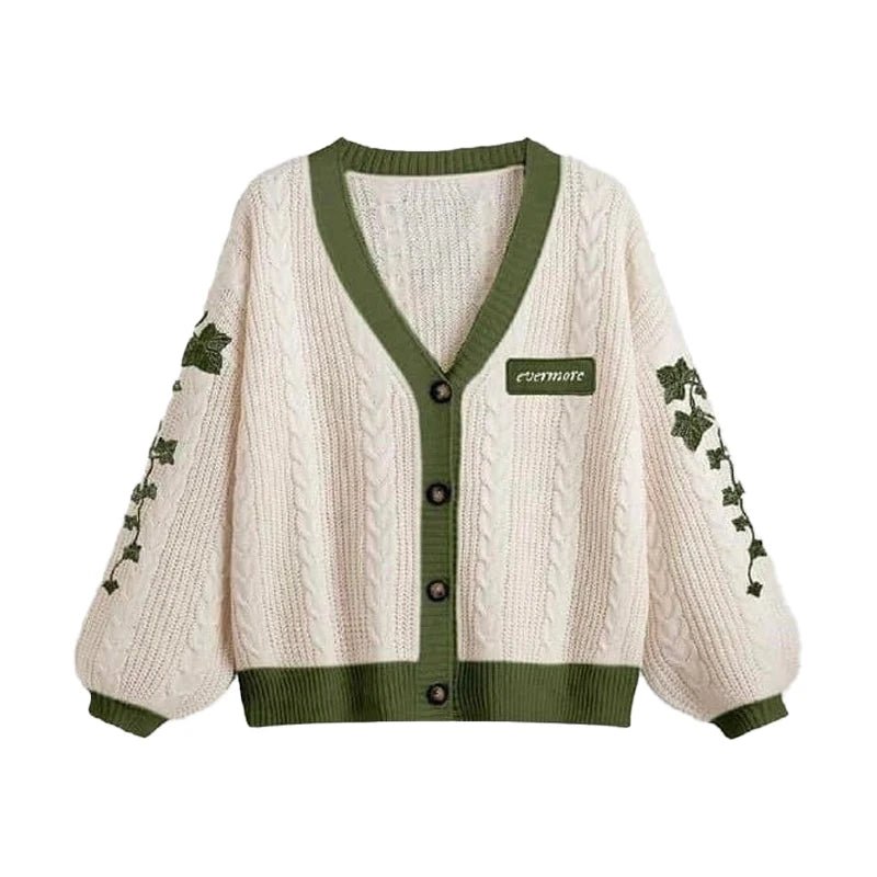 Evermore Cardigan Taylor Version Green Vine bestickter Button-Down-Pullover mit Zopfmuster für Damen, Herbst-Winter-Vintage-Outfit - flohmarkt-deutschland.shop