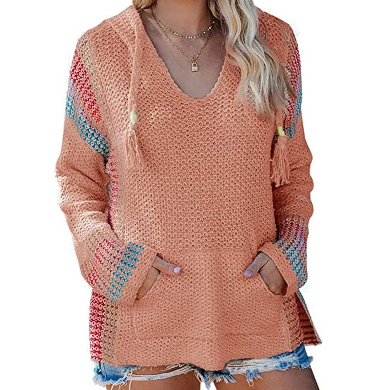 Women's Color-Block Knit Hoodie Sweater (Long Sleeve)