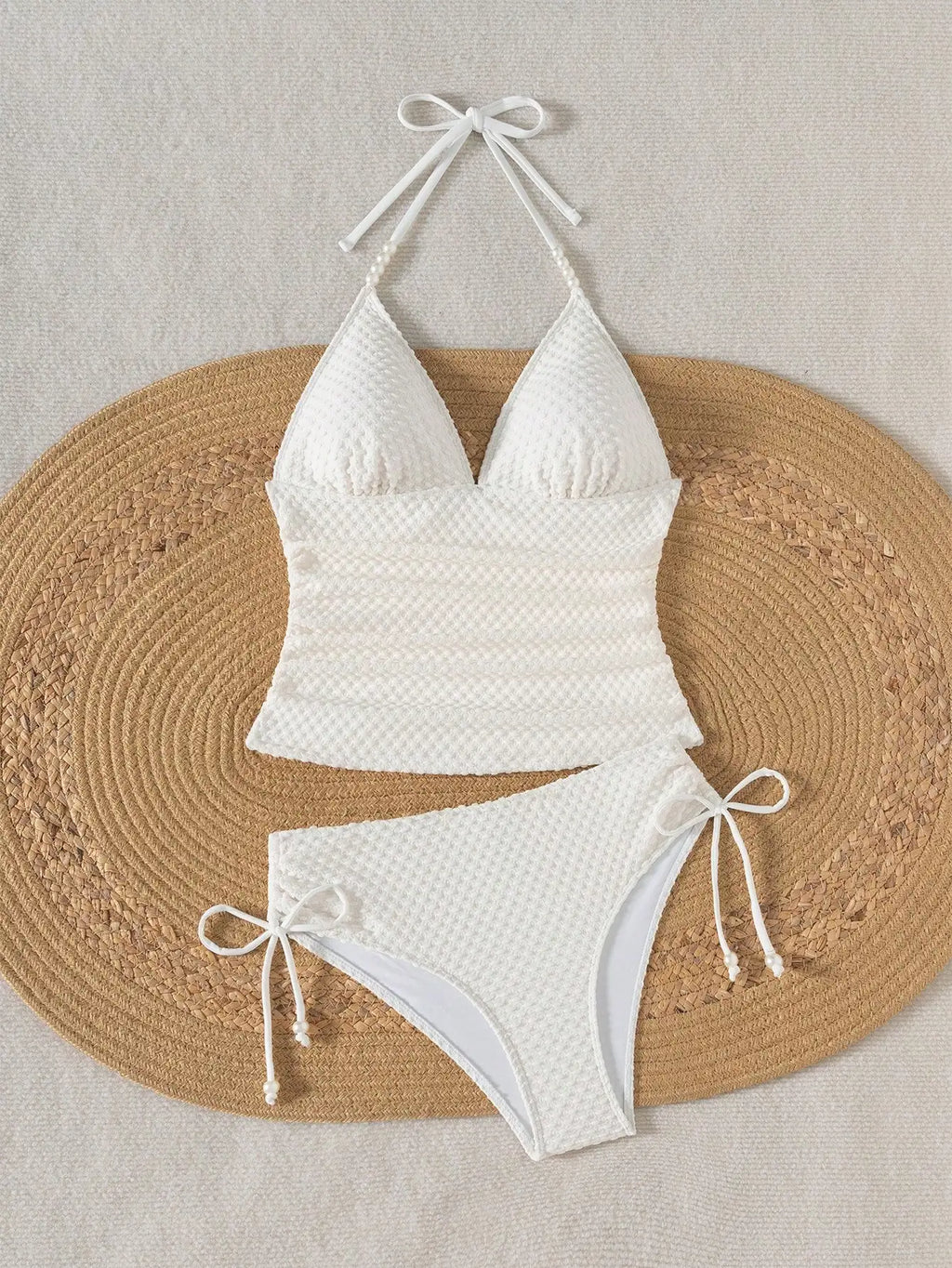 Women White Knitted Jacquard Beaded Drawstring Halter Neck Bikini Set