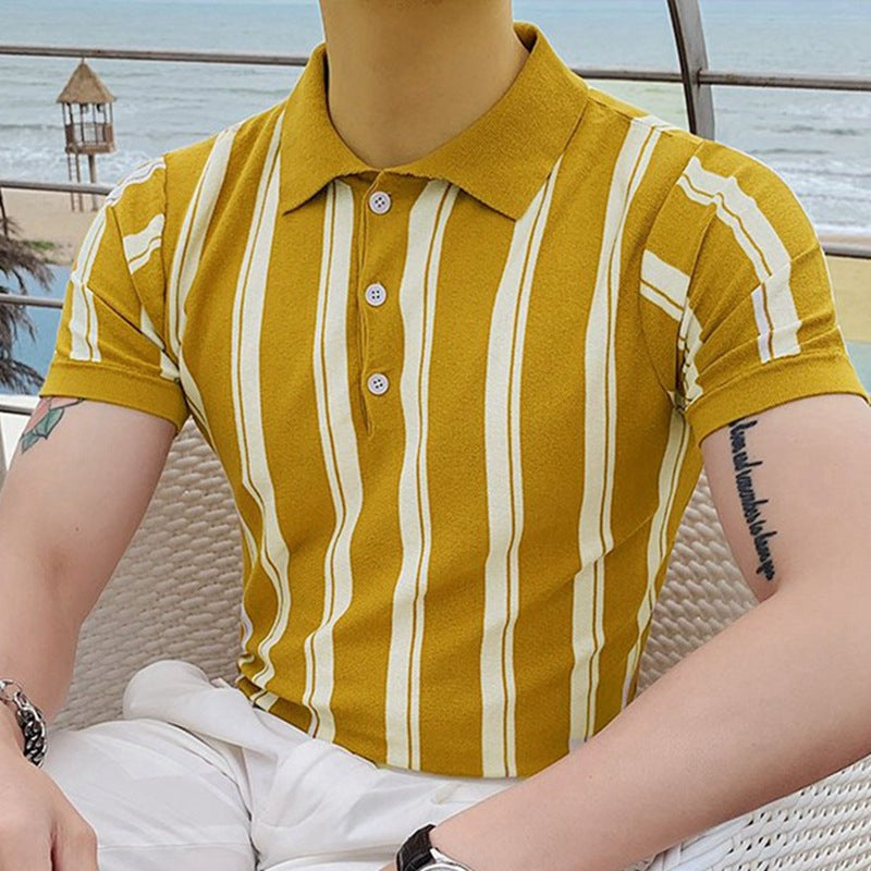 Men's Slim Fit Striped Knit Polo Shirt, Short Sleeve
