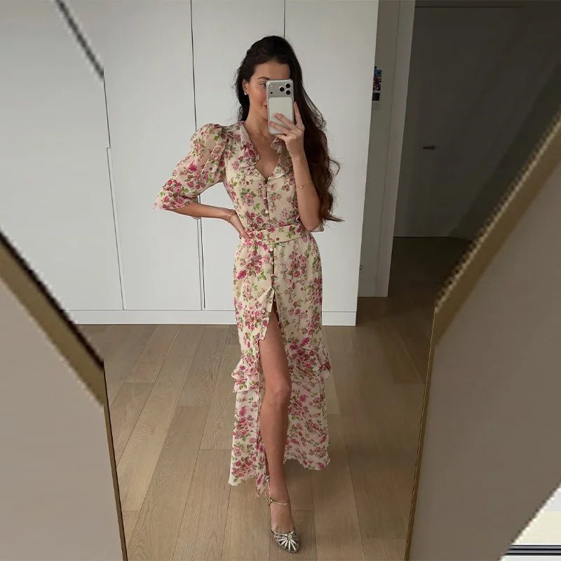 Fashion Organza Floral Printed Maxi Dress V-Neck Puff Sleeve 2026 Spring/Summer Romantic Women Party Gown Elegant Lady Vestido - flohmarkt-deutschland.shop