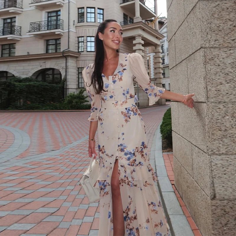 Fashion Organza Floral Printed Maxi Dress V-Neck Puff Sleeve 2026 Spring/Summer Romantic Women Party Gown Elegant Lady Vestido - flohmarkt-deutschland.shop