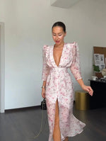 Fashion Organza Floral Printed Maxi Dress V-Neck Puff Sleeve 2026 Spring/Summer Romantic Women Party Gown Elegant Lady Vestido - flohmarkt-deutschland.shop