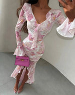 Fashion Organza Floral Printed Maxi Dress V-Neck Puff Sleeve 2026 Spring/Summer Romantic Women Party Gown Elegant Lady Vestido - flohmarkt-deutschland.shop
