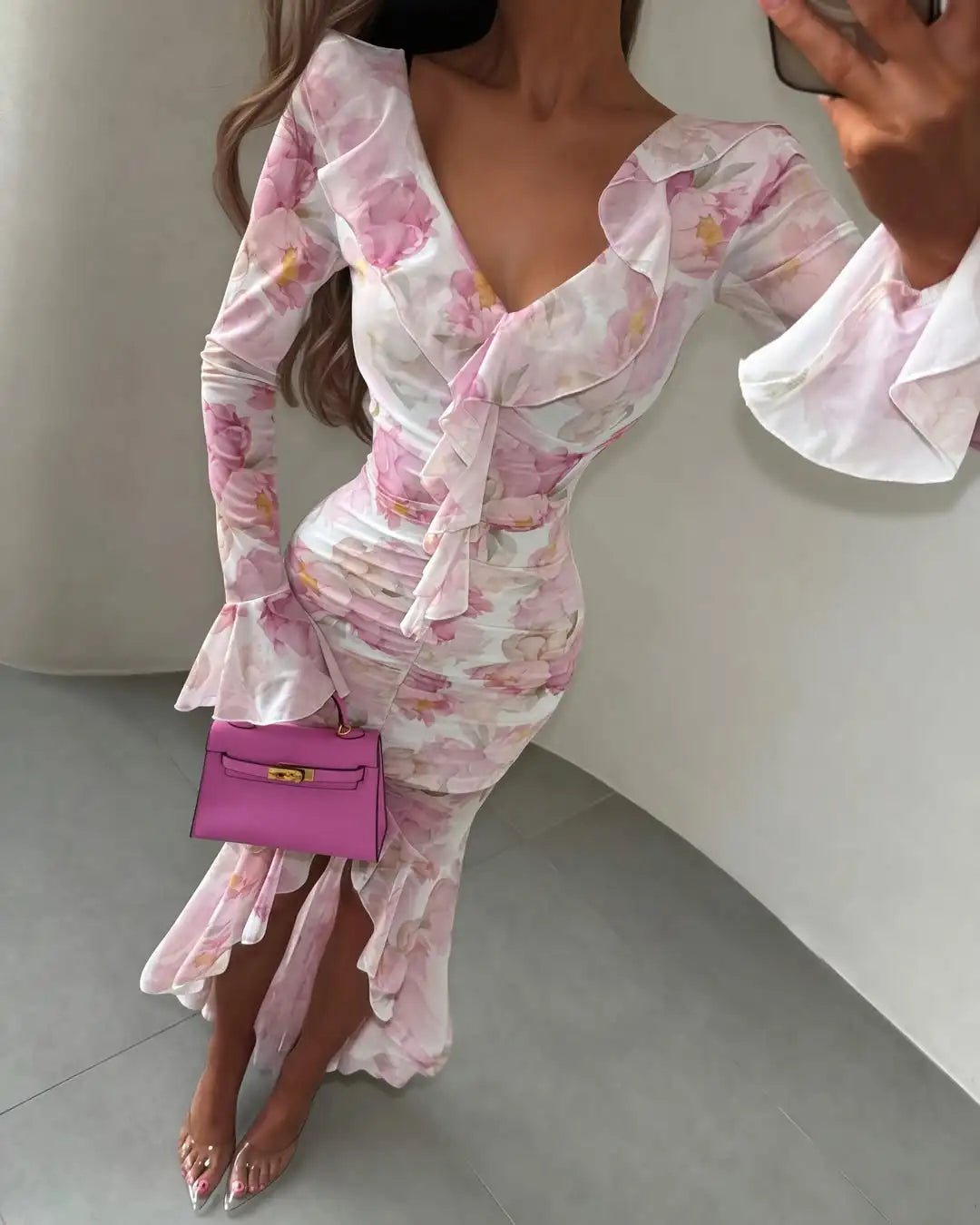Fashion Organza Floral Printed Maxi Dress V-Neck Puff Sleeve 2026 Spring/Summer Romantic Women Party Gown Elegant Lady Vestido - flohmarkt-deutschland.shop