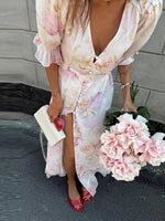 Fashion Organza Floral Printed Maxi Dress V-Neck Puff Sleeve 2026 Spring/Summer Romantic Women Party Gown Elegant Lady Vestido - flohmarkt-deutschland.shop