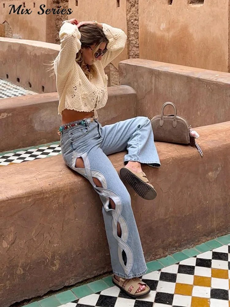 Fashion Side Hollow Out Jeans Women's High Waist Straight Leg Denim Pants 2026 Summer New Lady Trendy Casual Streetwear - flohmarkt-deutschland.shop