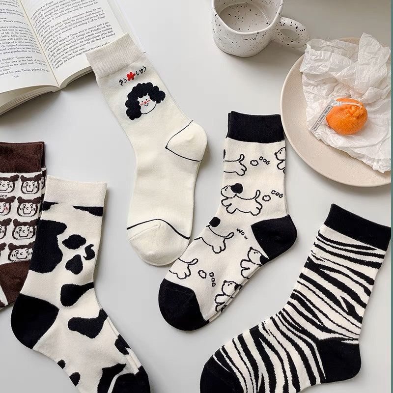 Cute Cartoon Mid-Calf Socks for Women - Zebra & Puppy