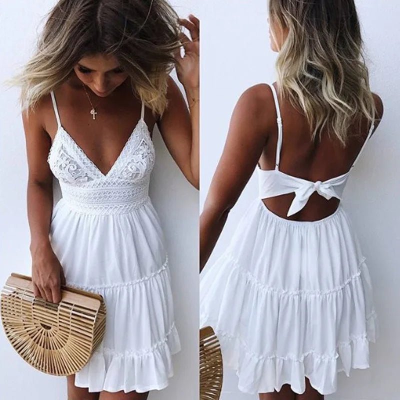 Female New Summer Fashionable Solid Color Dress Sexy Lace Strap Elegant Dresses Splicing Women's Seaside Vocation Wear - flohmarkt-deutschland.shop