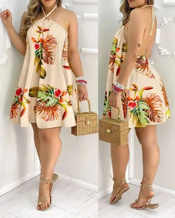 Floral Print Halter Neck Dress Boho Backless Halter Dress For Spring Summer Women's Clothing - flohmarkt-deutschland.shop