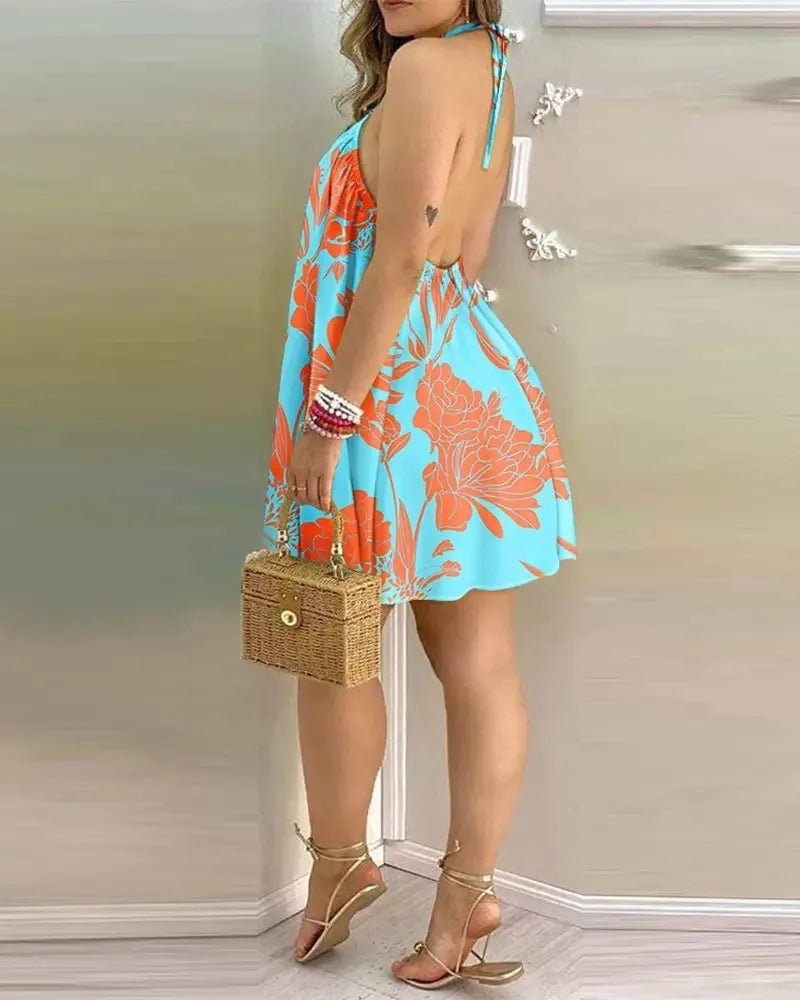 Floral Print Halter Neck Dress Boho Backless Halter Dress For Spring Summer Women's Clothing - flohmarkt-deutschland.shop