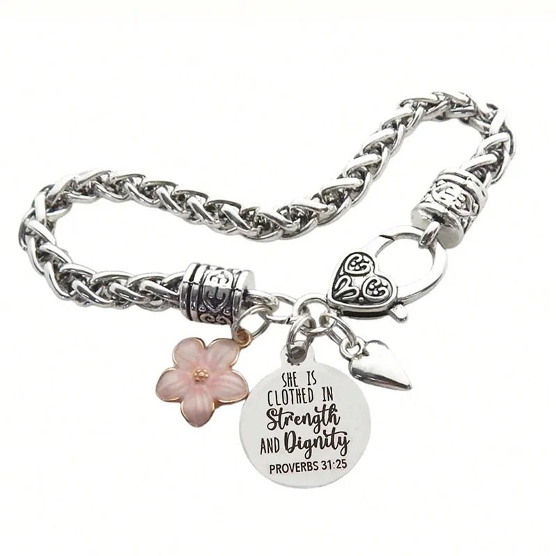 Flower Heart Bible Verse Charm Bracelet Antique Silver Plated Twisted Chain Bracelets Inspirational Christian Jewelry - flohmarkt-deutschland.shop