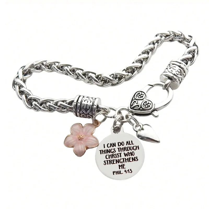 Flower Heart Bible Verse Charm Bracelet Antique Silver Plated Twisted Chain Bracelets Inspirational Christian Jewelry - flohmarkt-deutschland.shop