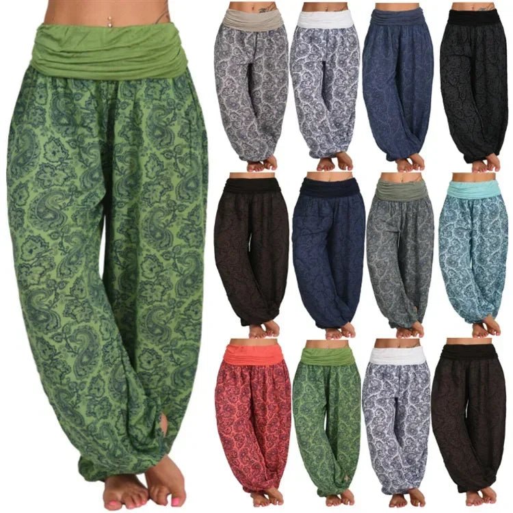 Frauen Böhmischen Harem Hosen Elastische Taille Breite Bein Lange Hose Vintage Gedruckt Hosen Weibliche Lose Capris Damen Streetwear - flohmarkt-deutschland.shop