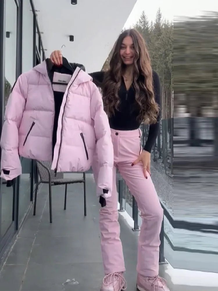 Frauen Mit Kapuze Zipper Kurze Skifahren Baumwolle Jacke Lange Ärmeln Dicke Warme Mantel Bequeme Lange Sport Hose 2025, Neue Dame Sport Set - flohmarkt-deutschland.shop