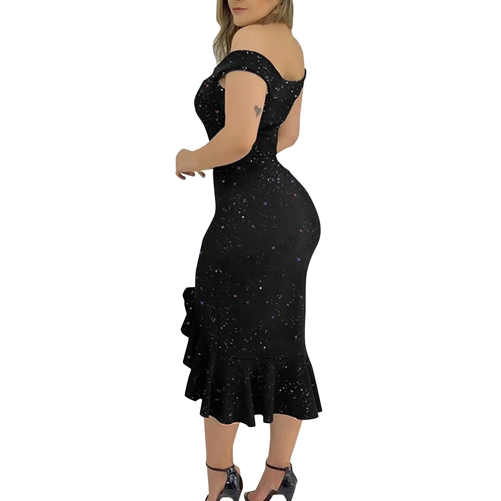 Frauen Party kleid sexy schulter frei geteilte Rüschen solide figur betonte knielange Kleid Mode Glitzer Party elegante Kleider Vestido - flohmarkt-deutschland.shop