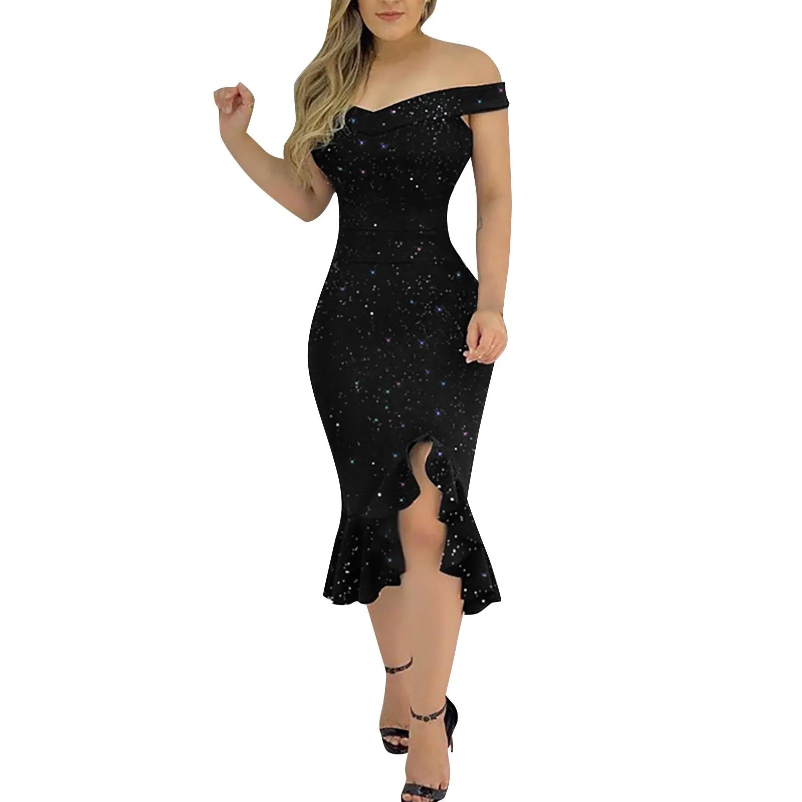 Frauen Party kleid sexy schulter frei geteilte Rüschen solide figur betonte knielange Kleid Mode Glitzer Party elegante Kleider Vestido - flohmarkt-deutschland.shop