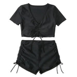 Frauen Sommer Bikini Set V-ausschnitt Kurzarm Tops Hohe Taille Kordelzug Badehose Badeanzug bikini bademode 2024 - flohmarkt-deutschland.shop