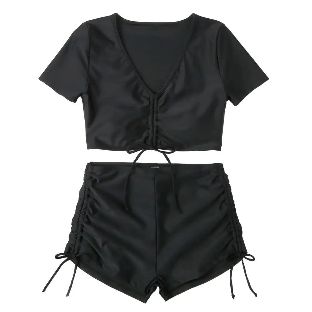 Frauen Sommer Bikini Set V-ausschnitt Kurzarm Tops Hohe Taille Kordelzug Badehose Badeanzug bikini bademode 2024 - flohmarkt-deutschland.shop