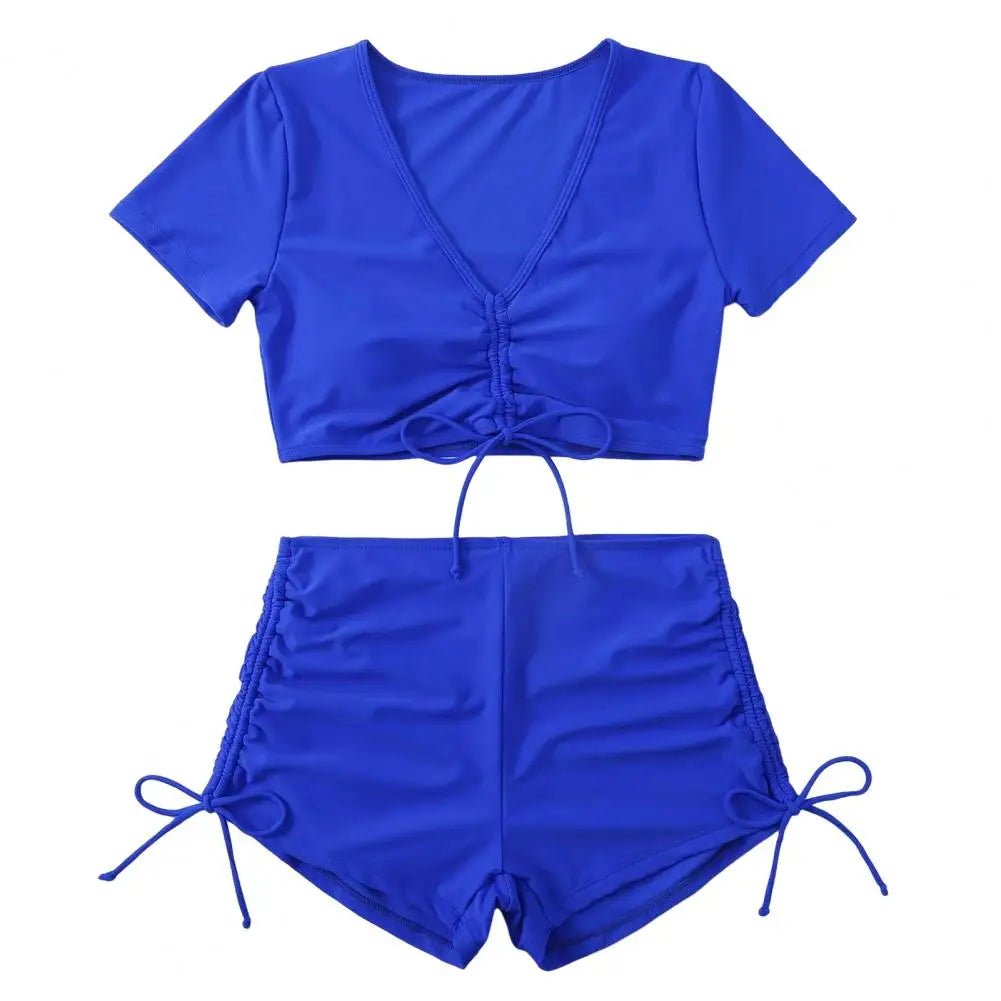 Frauen Sommer Bikini Set V-ausschnitt Kurzarm Tops Hohe Taille Kordelzug Badehose Badeanzug bikini bademode 2024 - flohmarkt-deutschland.shop