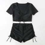 Frauen Sommer Bikini Set V-ausschnitt Kurzarm Tops Hohe Taille Kordelzug Badehose Badeanzug bikini bademode 2024 - flohmarkt-deutschland.shop