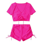 Frauen Sommer Bikini Set V-ausschnitt Kurzarm Tops Hohe Taille Kordelzug Badehose Badeanzug bikini bademode 2024 - flohmarkt-deutschland.shop