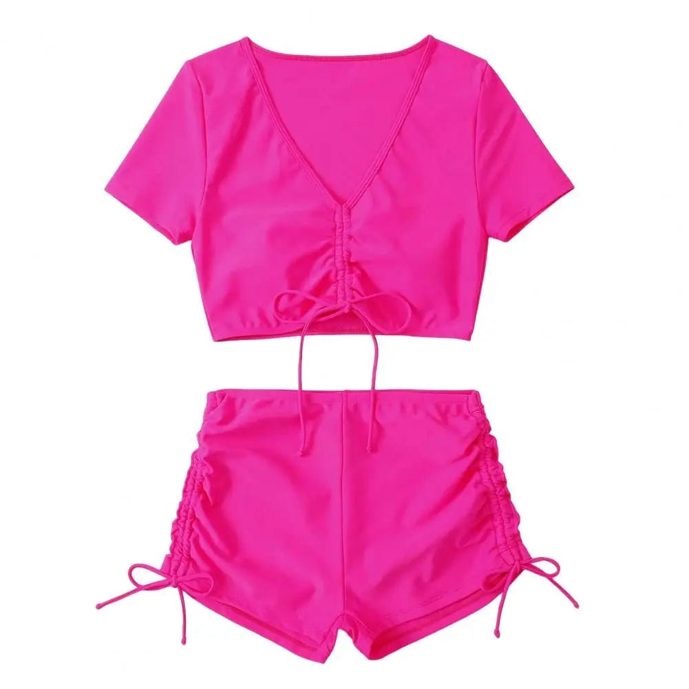 Frauen Sommer Bikini Set V-ausschnitt Kurzarm Tops Hohe Taille Kordelzug Badehose Badeanzug bikini bademode 2024 - flohmarkt-deutschland.shop