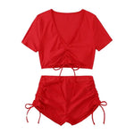 Frauen Sommer Bikini Set V-ausschnitt Kurzarm Tops Hohe Taille Kordelzug Badehose Badeanzug bikini bademode 2024 - flohmarkt-deutschland.shop
