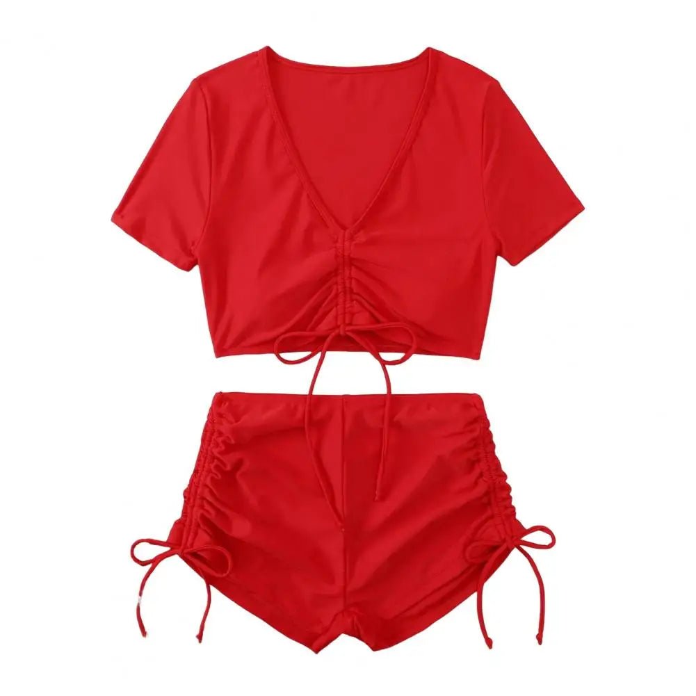 Frauen Sommer Bikini Set V-ausschnitt Kurzarm Tops Hohe Taille Kordelzug Badehose Badeanzug bikini bademode 2024 - flohmarkt-deutschland.shop