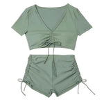 Frauen Sommer Bikini Set V-ausschnitt Kurzarm Tops Hohe Taille Kordelzug Badehose Badeanzug bikini bademode 2024 - flohmarkt-deutschland.shop