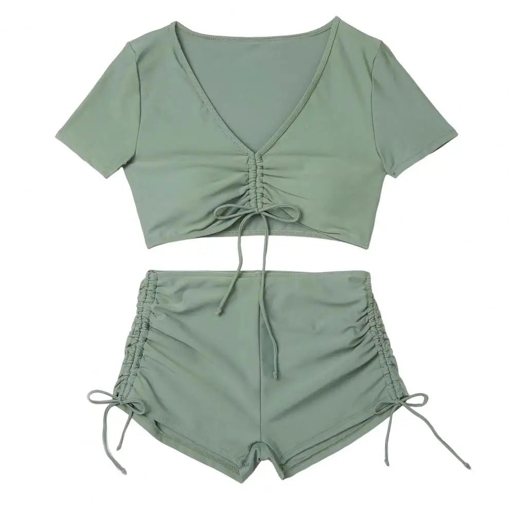 Frauen Sommer Bikini Set V-ausschnitt Kurzarm Tops Hohe Taille Kordelzug Badehose Badeanzug bikini bademode 2024 - flohmarkt-deutschland.shop