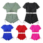 Frauen Sommer Bikini Set V-ausschnitt Kurzarm Tops Hohe Taille Kordelzug Badehose Badeanzug bikini bademode 2024 - flohmarkt-deutschland.shop