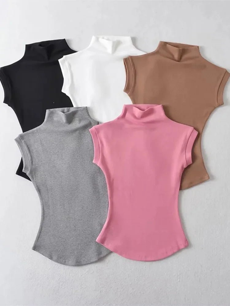 Frauen Sommer Sexy Rollkragen Ärmellose T-Shirts Tops Solide Slim Fit Pullover Casual Tees Shirts Weibliche Streetwear Grundlagen Tees - flohmarkt-deutschland.shop