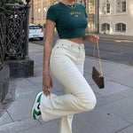 Frauen T-shirt Kleidung Kurzarm Schwarz Crop Top Harajuku Brief Stickerei T Shirt Weibliche Sommer Sexy Oansatz Cropped Tops - flohmarkt-deutschland.shop