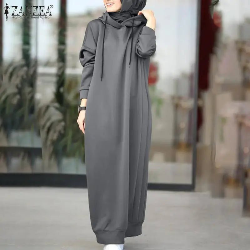 Frauen Winter Pullover ZANZEA 2025, Stilvolle Kapuzen Hoodies Kleid Casual Langarm Maxi Vestidos Weibliche Kordelzug Robe Femme - flohmarkt-deutschland.shop