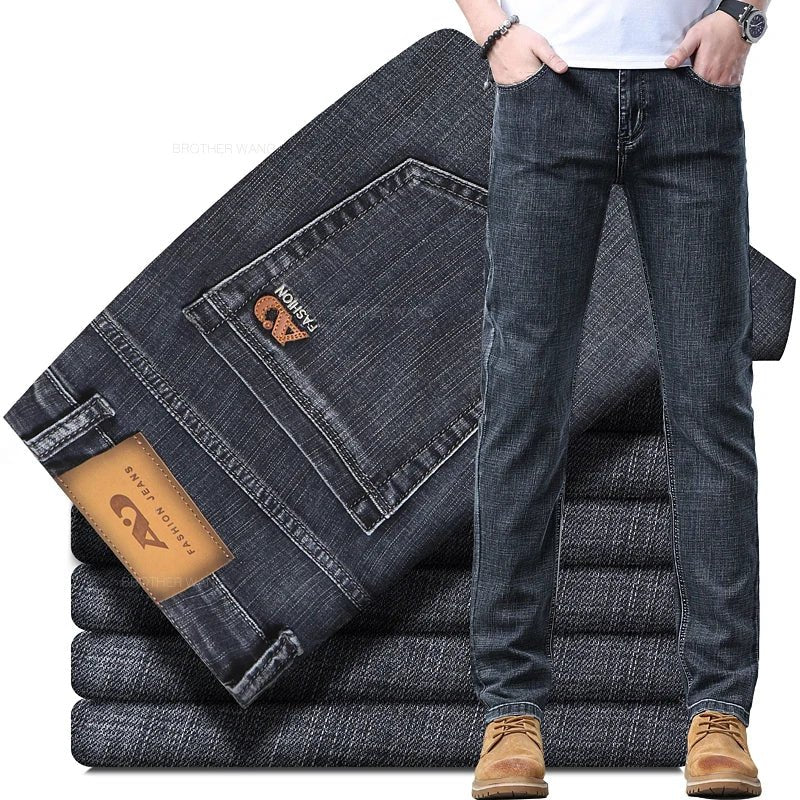 Frühlings-Herren-Jeans in Hellblau, schmal, stilvoll, lässig, Stretch-Stoff, Denim-Hose, klassische Hose, Rauchgrau - flohmarkt-deutschland.shop