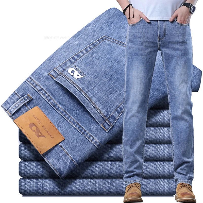 Frühlings-Herren-Jeans in Hellblau, schmal, stilvoll, lässig, Stretch-Stoff, Denim-Hose, klassische Hose, Rauchgrau - flohmarkt-deutschland.shop
