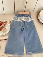 Girls Stitching Lace Denim Pants 2025New Spring Embroidered Bow Jeans Children Clothes Kids Straight Legged Pants Loose Trousers - flohmarkt-deutschland.shop
